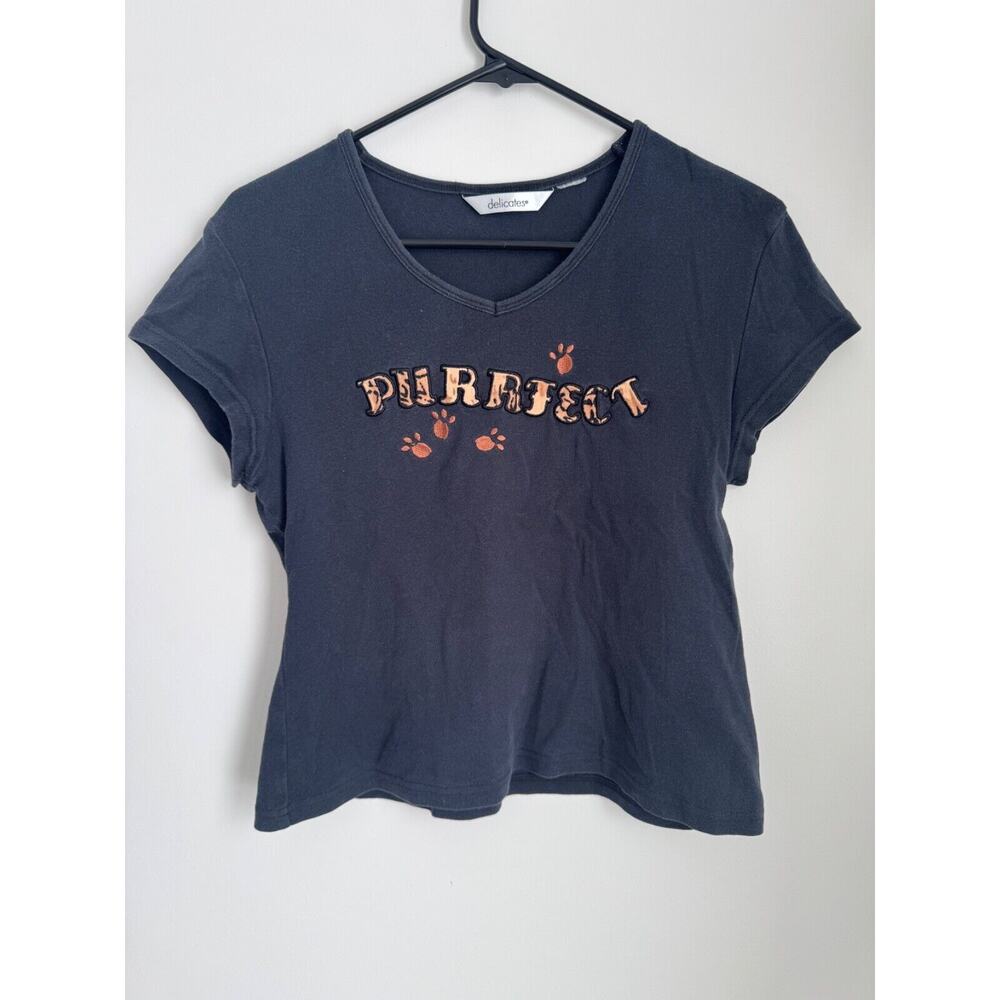 VTG PURRFECT T Shirt Petite Cat Embroidered Delicates
